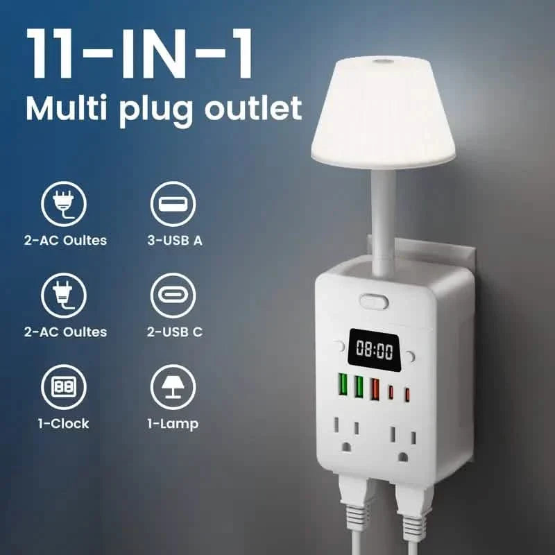 11-in-1 Multifunctional Power Strip with Desk Lamp, Clock, USB Ports & Surge Protection